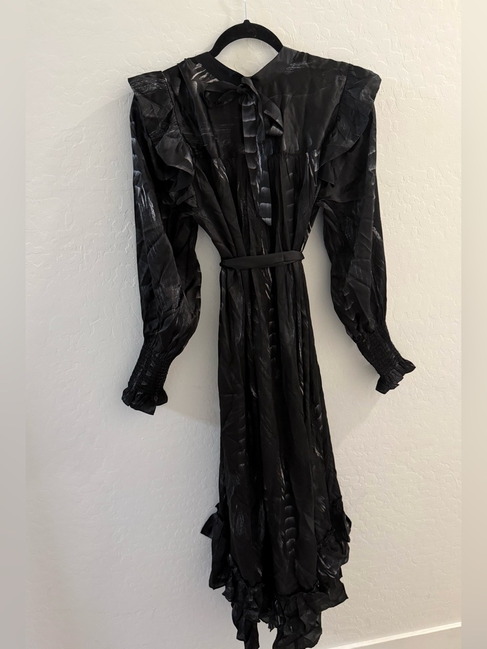 All Saints Lara Silk Viola Ruffle Feathered Print MIDI Dress $398 - Picture 6 of 11